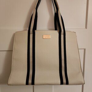 Badgley Mischka Cream Leather Tote with Black and Cream Striped Straps